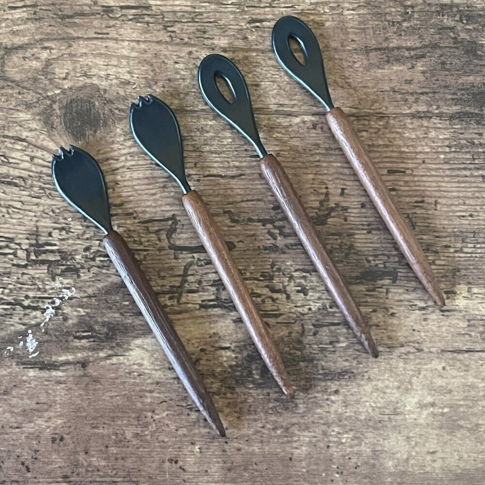 Vintage MCM Danish Teak Wood Handle Cocktail Sauce Relish Spoon Fork Set of 4